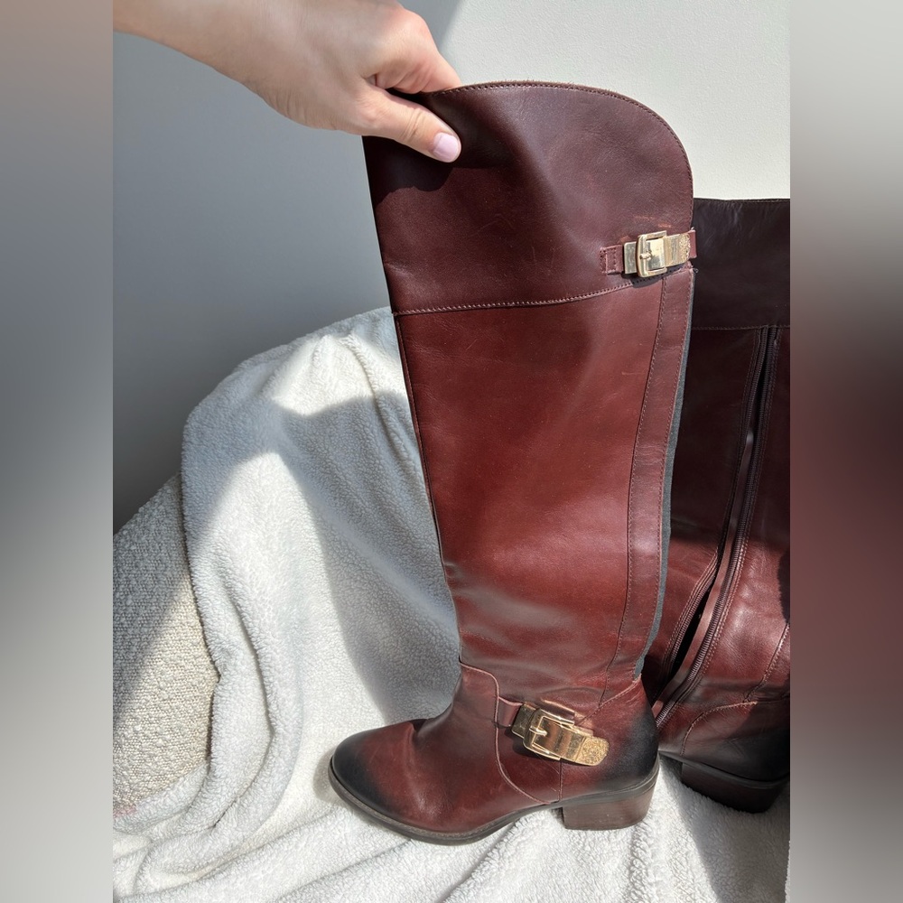 Vince Camuto brown leather buckled tall riding boots size 10